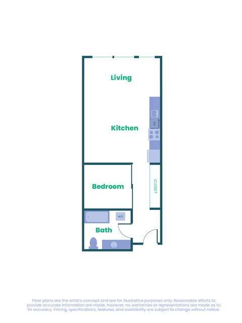 a floor plan of a unit with a bedroom and a kitchen